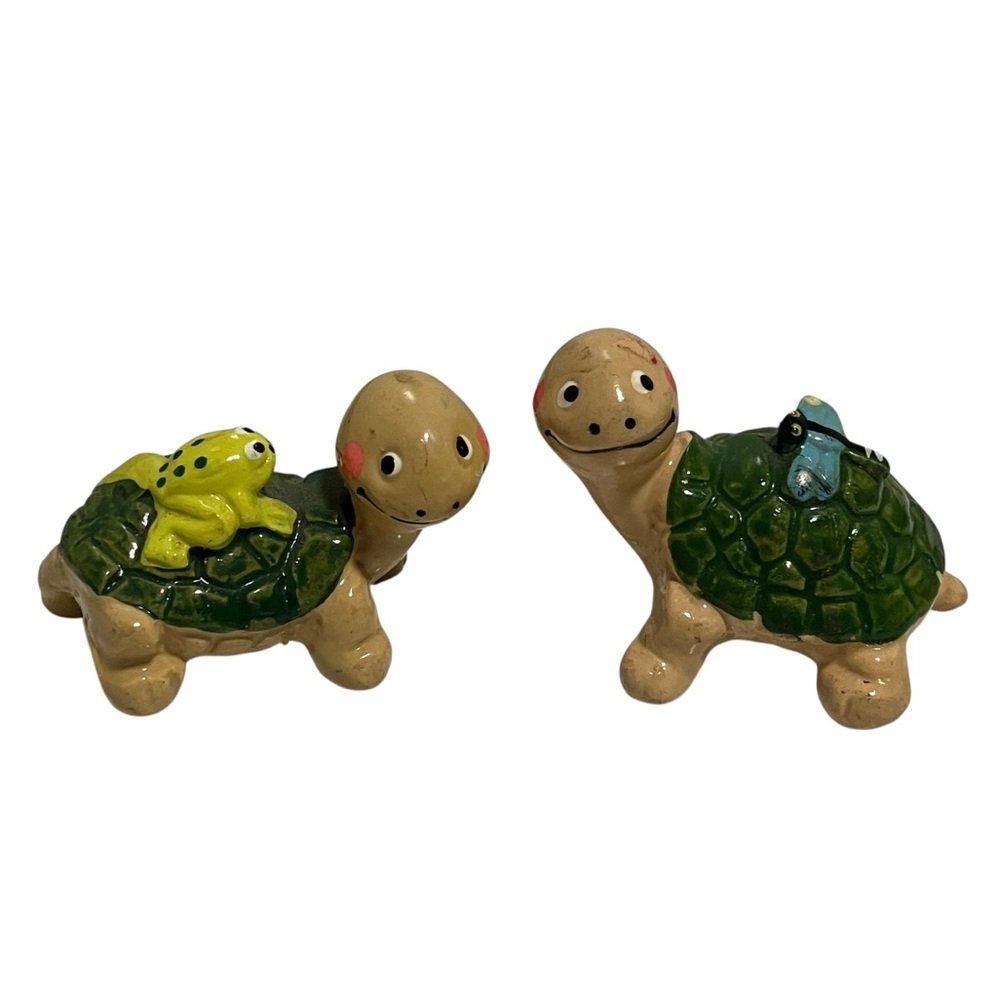 Vintage Napcoware Miniature Smiling Turtle w Friends on Back Lot of 2 Figurines